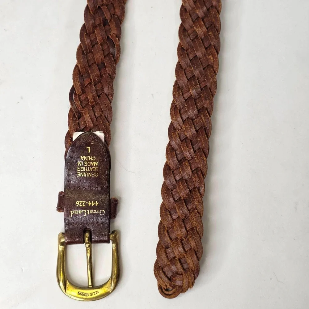 GreatLand Men's Braided Leather Belt Dark Brown Solid Brass Buckle 444-226 L